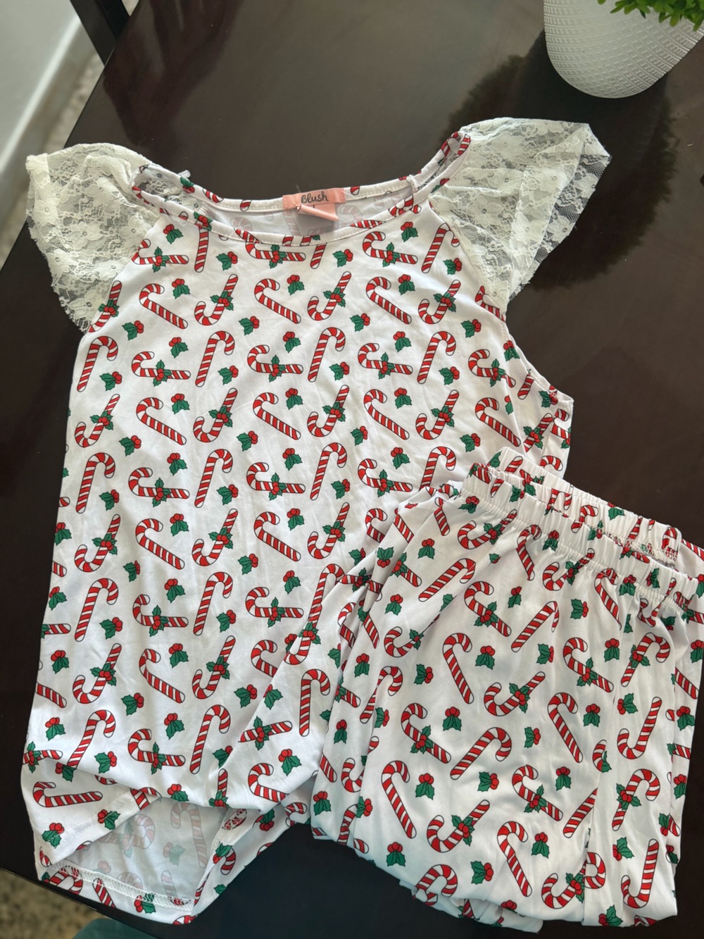 Blush Candy Cane Lace-Sleeve Pajama Set - White/Red